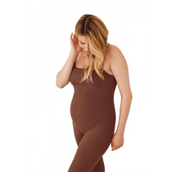 NEW BUMPSUIT sculpting rib soft maternity unitard jumpsuit in brown - Picture 3 of 4